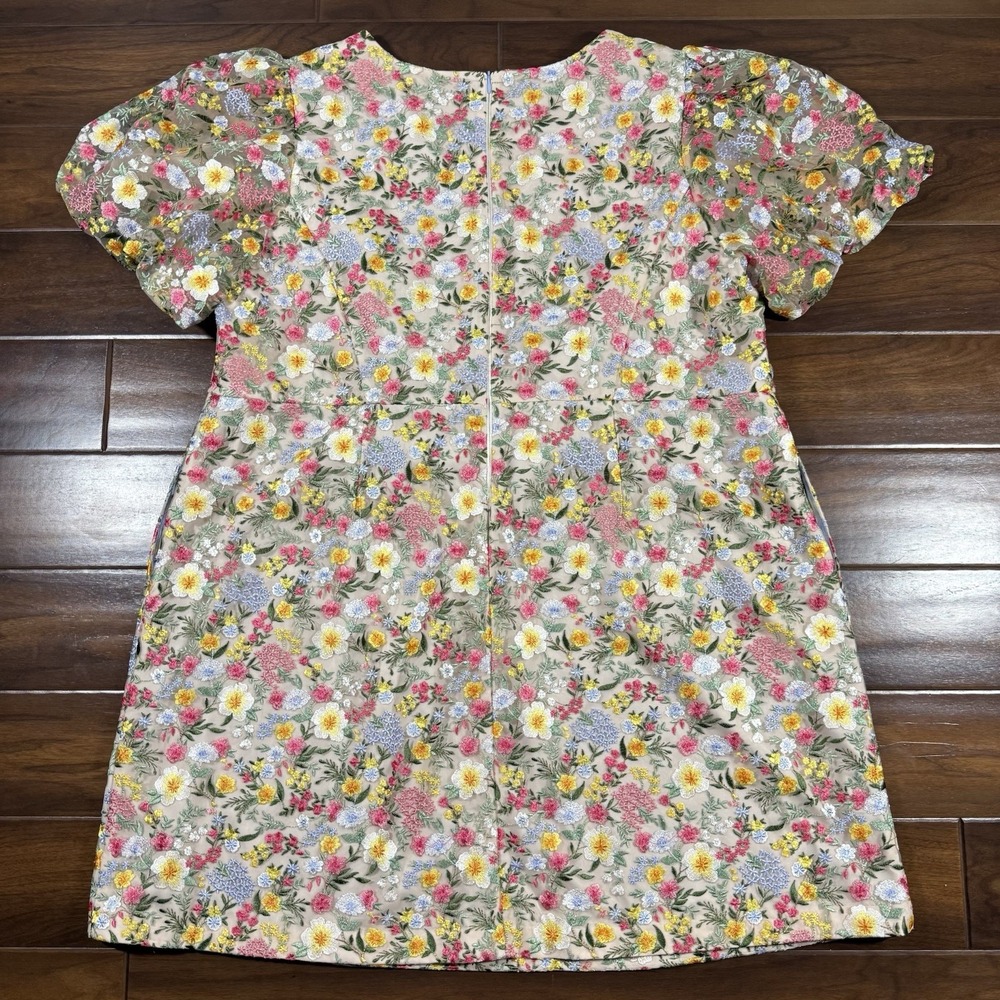 Eliza J Women's Size 24 W Floral Embroidered V Neck Puff Sleeve Mesh Dress - Picture 7 of 12